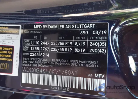 2019 Mercedes-Benz Glc 300 4Matic из США, поврежденный, VIN WDC0G4KB6KV178061